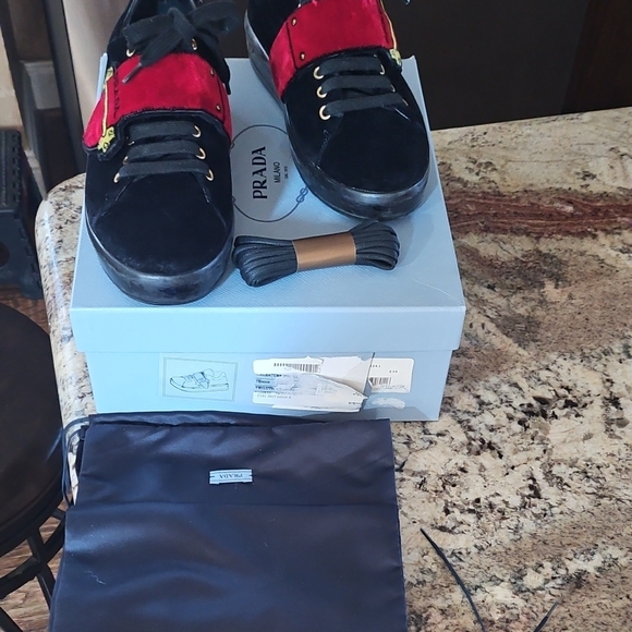 Prada Shoes - Prada Women's Black and Red Sneakers